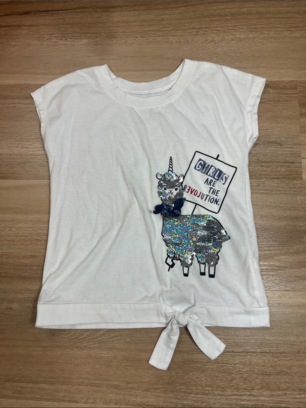 Justice Girls Revolution Flipping Sequin Llama Graphic Tie Hem T-Shirt Size 6/7